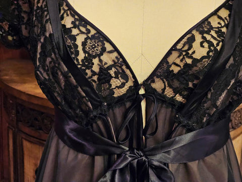 VINTAGE 70S/80S CLAIRE SANDRA BY LUCIE ANN BEVERLY HILLS BLACK LACE PEIGNOIR & NIGHTGOWN SET – HOLLYWOOD GLAMOUR
