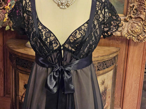 VINTAGE 70S/80S CLAIRE SANDRA BY LUCIE ANN BEVERLY HILLS BLACK LACE PEIGNOIR & NIGHTGOWN SET – HOLLYWOOD GLAMOUR