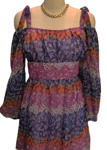 VINTAGE LANZ ORIGINAL RICH HIPPIE OFF THE SHOULDER FLORAL DRESS IN PURPLES AND LAVENDER