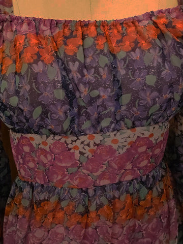 VINTAGE LANZ ORIGINAL RICH HIPPIE OFF THE SHOULDER FLORAL DRESS IN PURPLES AND LAVENDER