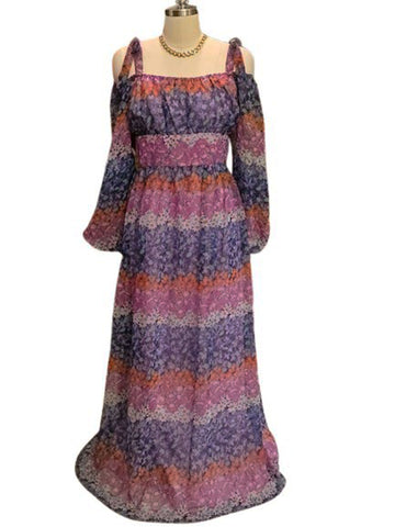 VINTAGE LANZ ORIGINAL RICH HIPPIE OFF THE SHOULDER FLORAL DRESS IN PURPLES AND LAVENDER