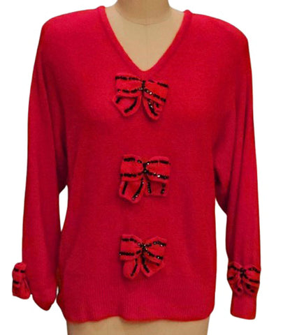 VINTAGE MARISA CHRISTINA LAMBSWOOL ANGORA SWEATER WITH BLACK SEQUINS & BOWS