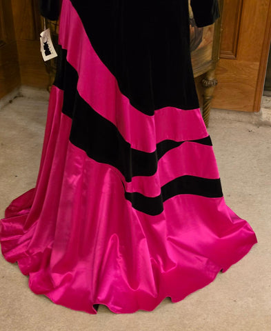 VINTAGE M C EVENINGS HOT PINK SATIN & BLACK VELVET GOWN NWT – DRAMATIC FULL SKIRT & OVAL SCOOP BACK