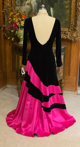VINTAGE M C EVENINGS HOT PINK SATIN & BLACK VELVET GOWN NWT – DRAMATIC FULL SKIRT & OVAL SCOOP BACK