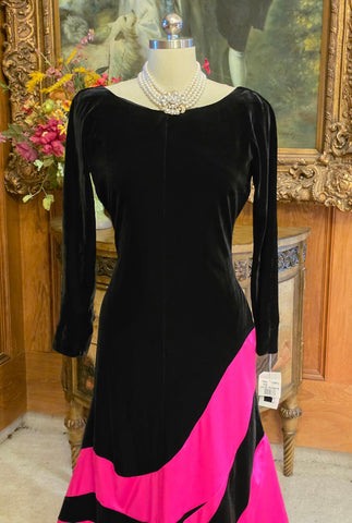 VINTAGE M C EVENINGS HOT PINK SATIN & BLACK VELVET GOWN NWT – DRAMATIC FULL SKIRT & OVAL SCOOP BACK