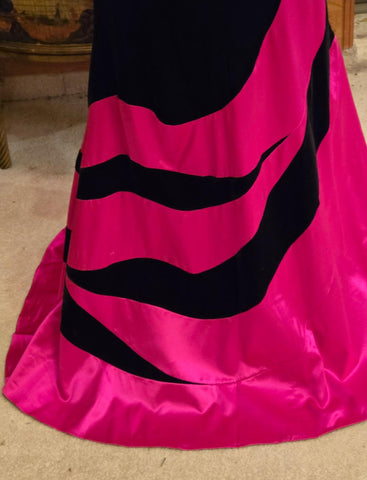 VINTAGE M C EVENINGS HOT PINK SATIN & BLACK VELVET GOWN NWT – DRAMATIC FULL SKIRT & OVAL SCOOP BACK