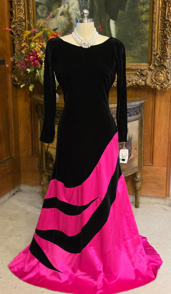 VINTAGE M C EVENINGS HOT PINK SATIN & BLACK VELVET GOWN NWT – DRAMATIC FULL SKIRT & OVAL SCOOP BACK