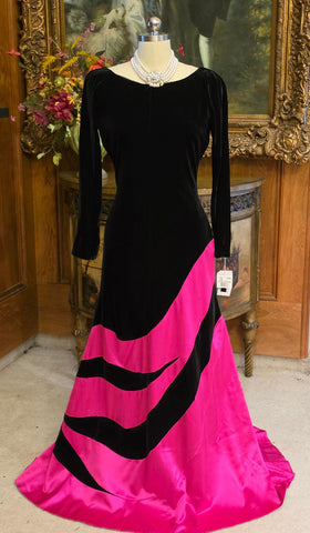 VINTAGE M C EVENINGS HOT PINK SATIN & BLACK VELVET GOWN NWT – DRAMATIC FULL SKIRT & OVAL SCOOP BACK
