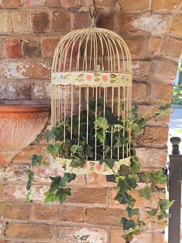 VINTAGE METAL BIRD CAGE HAND PAINTED VIOLETS FLORAL BUTTERCUP YELLOW SHABBY CHIC FRENCH COUNTRY COTTAGE