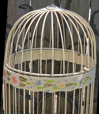 VINTAGE METAL BIRD CAGE HAND PAINTED VIOLETS FLORAL BUTTERCUP YELLOW SHABBY CHIC FRENCH COUNTRY COTTAGE