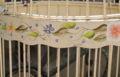 VINTAGE METAL BIRD CAGE HAND PAINTED VIOLETS FLORAL BUTTERCUP YELLOW SHABBY CHIC FRENCH COUNTRY COTTAGE