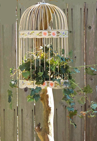 VINTAGE METAL BIRD CAGE HAND PAINTED VIOLETS FLORAL BUTTERCUP YELLOW SHABBY CHIC FRENCH COUNTRY COTTAGE