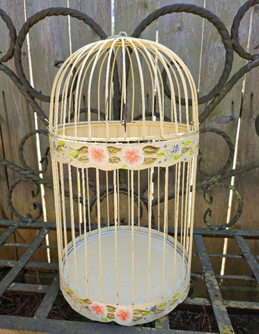 VINTAGE METAL BIRD CAGE HAND PAINTED VIOLETS FLORAL BUTTERCUP YELLOW SHABBY CHIC FRENCH COUNTRY COTTAGE