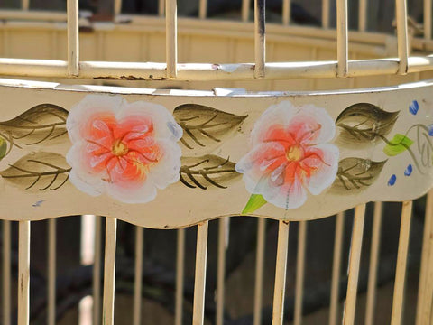 VINTAGE METAL BIRD CAGE HAND PAINTED VIOLETS FLORAL BUTTERCUP YELLOW SHABBY CHIC FRENCH COUNTRY COTTAGE