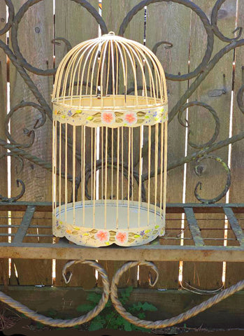 VINTAGE METAL BIRD CAGE HAND PAINTED VIOLETS FLORAL BUTTERCUP YELLOW SHABBY CHIC FRENCH COUNTRY COTTAGE
