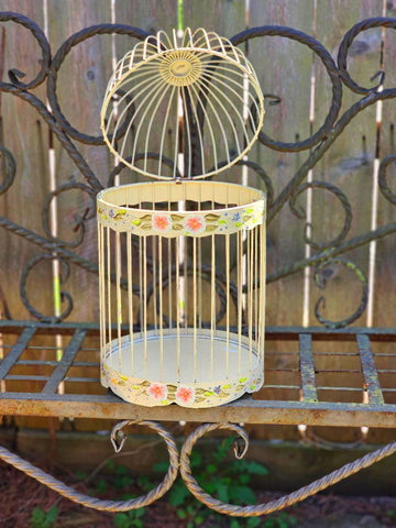 VINTAGE METAL BIRD CAGE HAND PAINTED VIOLETS FLORAL BUTTERCUP YELLOW SHABBY CHIC FRENCH COUNTRY COTTAGE