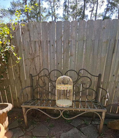 VINTAGE METAL BIRD CAGE HAND PAINTED VIOLETS FLORAL BUTTERCUP YELLOW SHABBY CHIC FRENCH COUNTRY COTTAGE