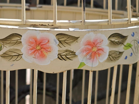 VINTAGE METAL BIRD CAGE HAND PAINTED VIOLETS FLORAL BUTTERCUP YELLOW SHABBY CHIC FRENCH COUNTRY COTTAGE