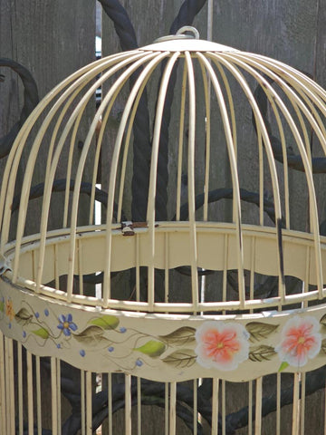 VINTAGE METAL BIRD CAGE HAND PAINTED VIOLETS FLORAL BUTTERCUP YELLOW SHABBY CHIC FRENCH COUNTRY COTTAGE