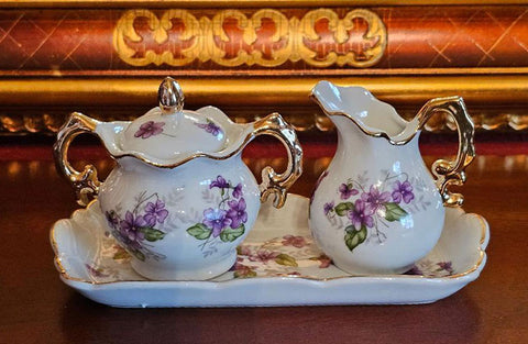 VINTAGE VIOLETS GOLD GILT SUGAR AND CREAMER SET ON MATCHING TRAY TEA PARTY TEA SET MINIATURE SET VINTAGE CHINA