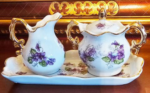 VINTAGE VIOLETS GOLD GILT SUGAR AND CREAMER SET ON MATCHING TRAY TEA PARTY TEA SET MINIATURE SET VINTAGE CHINA