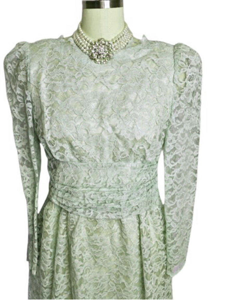 VINTAGE 1960S FANCY MINT GREEN LACE DRESS WITH CUMMERBUND IN SEA FOA Vintage Clothing & Fashions | Midnight Glamour VINTAGE 1960S FANCY MINT GREEN LACE DRESS WITH CUMMERBUND IN SEA FOA Vintage Clothing & Fashions | Midnight Glamour