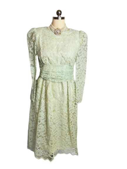 VINTAGE 1960S FANCY MINT GREEN LACE DRESS WITH CUMMERBUND IN SEA FOA Vintage Clothing & Fashions | Midnight Glamour VINTAGE 1960S FANCY MINT GREEN LACE DRESS WITH CUMMERBUND IN SEA FOA Vintage Clothing & Fashions | Midnight Glamour