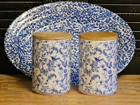 NEW - MONTEREY BAY BLUE TOILE FLORAL PORCELAIN CANISTERS SET OF 2 - 7.5” W BAMBOO LIDS