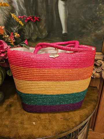 VINTAGE 90s LARGE COLORFUL SUMMER TOTE GOLD TONE CLASP LINED BIG ZIPPERED POCKET INSIDE