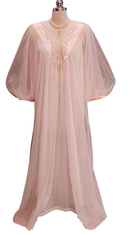VINTAGE MOVIE STAR PALE PINK NYLON PEIGNOIR & NIGHTGOWN - LACE SCALLOPED 1960s / 1970s LARGE SIZE