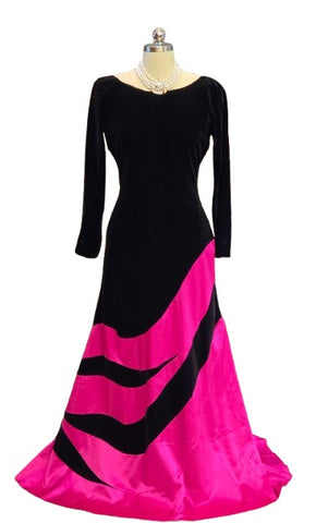 VINTAGE M C EVENINGS HOT PINK SATIN & BLACK VELVET GOWN NWT – DRAMATIC FULL SKIRT & OVAL SCOOP BACK