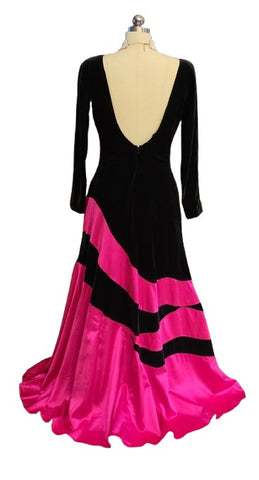 VINTAGE M C EVENINGS HOT PINK SATIN & BLACK VELVET GOWN NWT – DRAMATIC FULL SKIRT & OVAL SCOOP BACK