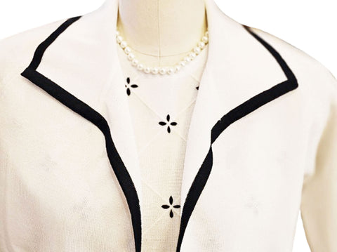 VINTAGE MARCO POLO KNIT DRESS & JACKET SET – WHITE WITH NAVY TRIM & BASKET WEAVE – MADE IN HONG KONG – 1970S MADE IN HONG KONG  SUNDAY BRUNCH CHARM  LADIES LUNCHEON