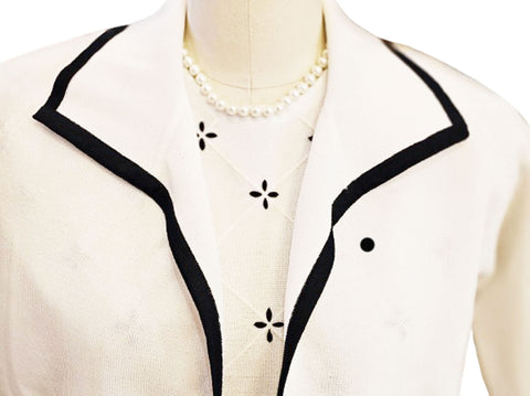 VINTAGE MARCO POLO KNIT DRESS & JACKET SET – WHITE WITH NAVY TRIM & BASKET WEAVE – MADE IN HONG KONG – 1970S MADE IN HONG KONG  SUNDAY BRUNCH CHARM  LADIES LUNCHEON