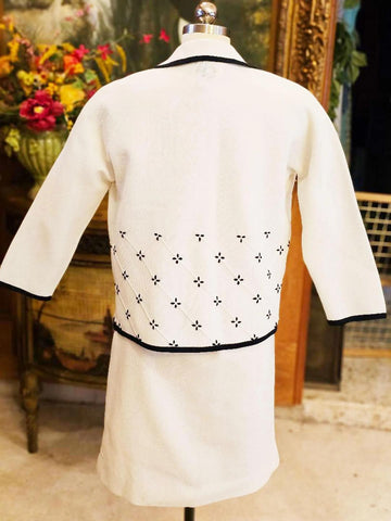VINTAGE MARCO POLO KNIT DRESS & JACKET SET – WHITE WITH NAVY TRIM & BASKET WEAVE – MADE IN HONG KONG – 1970S MADE IN HONG KONG  SUNDAY BRUNCH CHARM  LADIES LUNCHEON