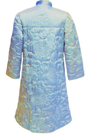 VINTAGE MARGUERITE'S HONG KONG QUILTED ROBE - ICY BLUE SATIN LOUNGE COAT - MANDARIN COLLAR - QUILTED ASIAN STYLE ROBE - CALF LENGTH