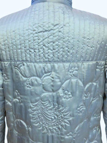 VINTAGE MARGUERITE'S HONG KONG QUILTED ROBE - ICY BLUE SATIN LOUNGE COAT - MANDARIN COLLAR - QUILTED ASIAN STYLE ROBE - CALF LENGTH