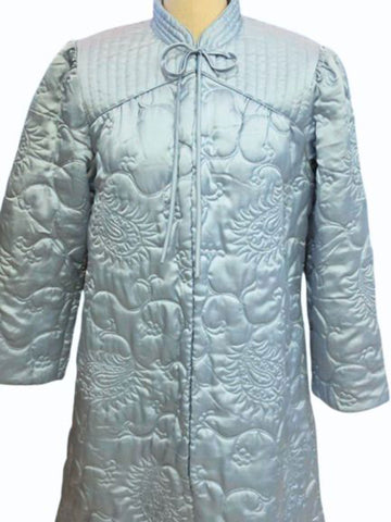 VINTAGE MARGUERITE'S HONG KONG QUILTED ROBE - ICY BLUE SATIN LOUNGE COAT - MANDARIN COLLAR - QUILTED ASIAN STYLE ROBE - CALF LENGTH
