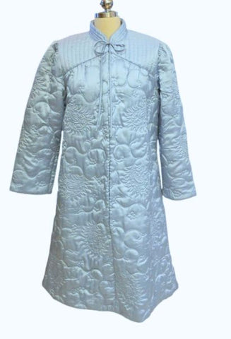 VINTAGE MARGUERITE'S HONG KONG QUILTED ROBE - ICY BLUE SATIN LOUNGE COAT - MANDARIN COLLAR - QUILTED ASIAN STYLE ROBE - CALF LENGTH