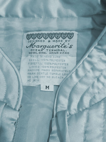 VINTAGE MARGUERITE'S HONG KONG QUILTED ROBE - ICY BLUE SATIN LOUNGE COAT - MANDARIN COLLAR - QUILTED ASIAN STYLE ROBE - CALF LENGTH