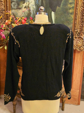 VINTAGE 1980s MARISA CHRISTINA BLACK LAMBSWOOL & RABBIT PULLOVER SWEATER – GOLD SEQUIN & BEADED WINDOWPANE DESIGN