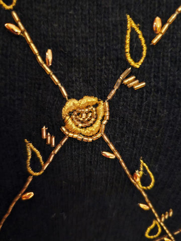 VINTAGE 1980s MARISA CHRISTINA BLACK LAMBSWOOL & RABBIT PULLOVER SWEATER – GOLD SEQUIN & BEADED WINDOWPANE DESIGN