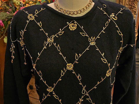 VINTAGE 1980s MARISA CHRISTINA BLACK LAMBSWOOL & RABBIT PULLOVER SWEATER – GOLD SEQUIN & BEADED WINDOWPANE DESIGN
