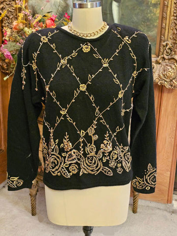 VINTAGE 1980s MARISA CHRISTINA BLACK LAMBSWOOL & RABBIT PULLOVER SWEATER – GOLD SEQUIN & BEADED WINDOWPANE DESIGN