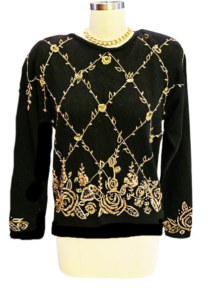 VINTAGE 1980s MARISA CHRISTINA BLACK LAMBSWOOL & RABBIT PULLOVER SWEATER – GOLD SEQUIN & BEADED WINDOWPANE DESIGN