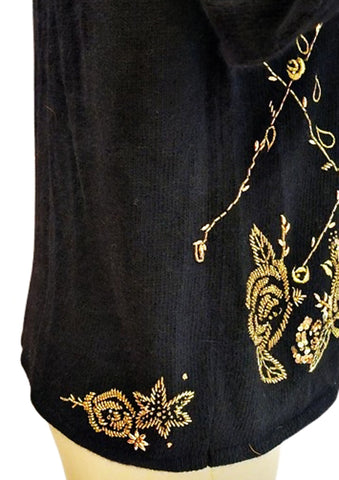 VINTAGE 1980s MARISA CHRISTINA BLACK LAMBSWOOL & RABBIT PULLOVER SWEATER – GOLD SEQUIN & BEADED WINDOWPANE DESIGN
