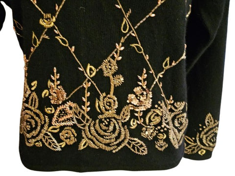 VINTAGE 1980s MARISA CHRISTINA BLACK LAMBSWOOL & RABBIT PULLOVER SWEATER – GOLD SEQUIN & BEADED WINDOWPANE DESIGN