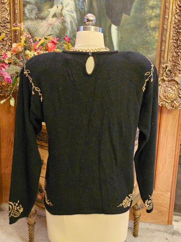 VINTAGE 1980s MARISA CHRISTINA BLACK LAMBSWOOL & RABBIT PULLOVER SWEATER – GOLD SEQUIN & BEADED WINDOWPANE DESIGN