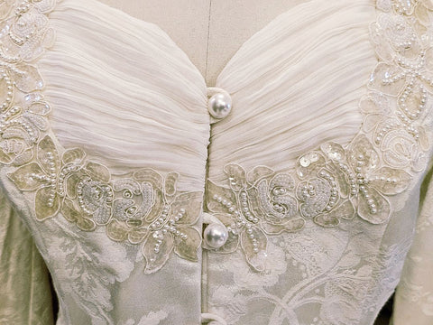 80S NAH NAH COLLECTION 2-PIECE EVENING OUTFIT - IVORY BROCADE PEARL BEADED JACKET FLOOR LENGTH SKIRT