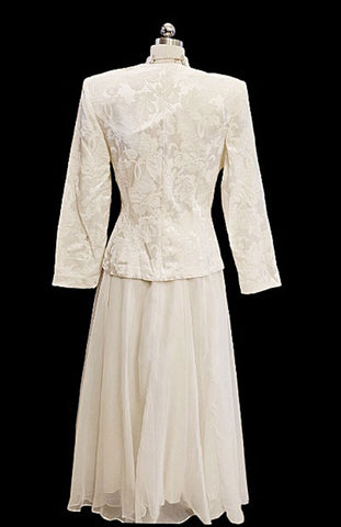 80S NAH NAH COLLECTION 2-PIECE EVENING OUTFIT - IVORY BROCADE PEARL BEADED JACKET FLOOR LENGTH SKIRT